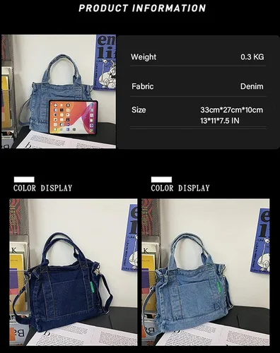 Miniatura 4 de Bolso de hombro de mezclilla para mujer, bolso de mano grande tipo hobo, bolso de compras ligero, bolso de viaje holgado, bolso retro casual