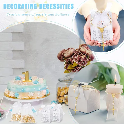 Miniatura 5 de Highergo Juego de 200 recuerdos de bautismo, 50 piezas de mini rosario, 50 piezas, cajas de regalo para fiesta de bautismo, bolsas de organza