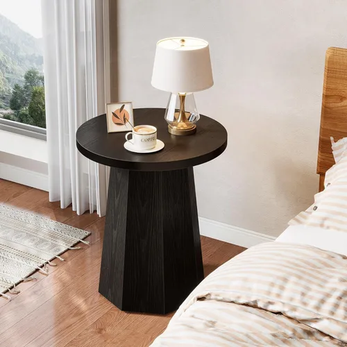 Miniatura 6 de Tribesigns Mesa Auxiliar Redonda de Estilo Rústico, Mesa Lateral de Madera para Sofá con Base Octagonal, Mesita de Noche Negra con Pedestal, Mueble