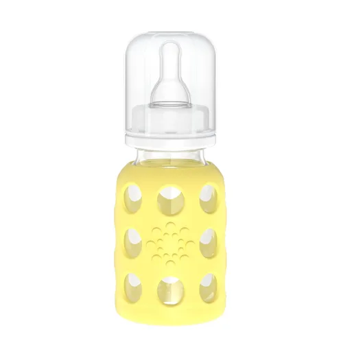 Lifefactory Biberón de vidrio con pezón etapa 1 y funda protectora de silicona banana 4 onzas