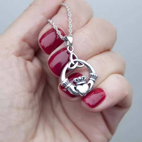 Miniatura 5 de 925 Sterling Silver Irish Claddagh Necklace - Trinity Celtic Knot Pendant with 20" Inch Chain - Hands Holding Heart Crown Charm - Love Celtic