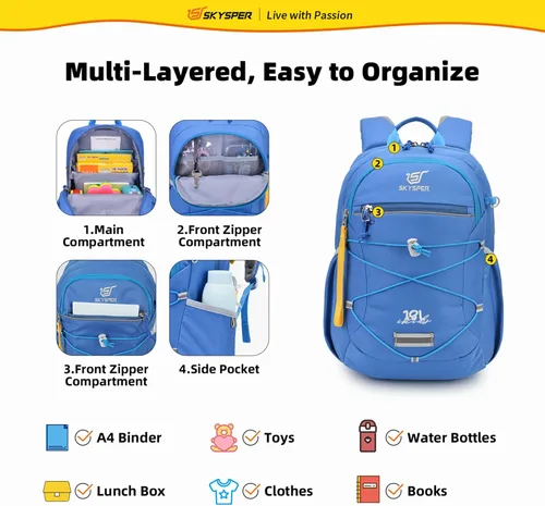 Miniatura 2 de SKYSPER Mochila escolar para niños de 4 a 8 años para viajes de un día y clases (azul)