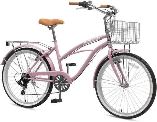 Miniatura 9 de ACEGER Girls Bike with Rattan Basket for 10+ Years, 24" 26" 1 & 7 Speed Comfort Commute Bicycle, Included Dual Brakes & Seat Rack, Adjustable