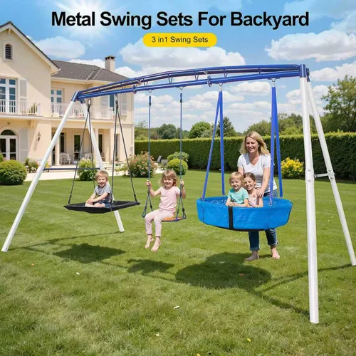 Miniatura 2 de Juego de Columpio de Metal Resistente 3 en 1 para Patio Trasero, Set de Juegos Exterior con Marco en A con Columpio Platillo, Barril para Niños