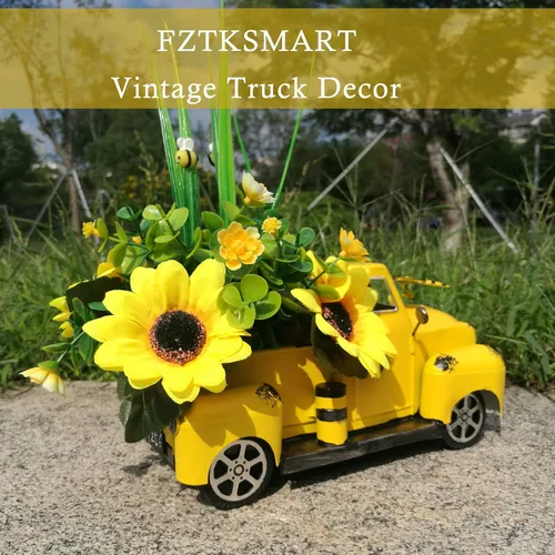 Miniatura 5 de Decoración de camión de metal de granja con suculentas artificiales, camioneta de hierro rústico con maceta sintética extraíble para decoración