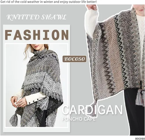 Miniatura 2 de Capa tipo poncho de punto para mujer, cárdigan de punto con flecos para otoño e invierno