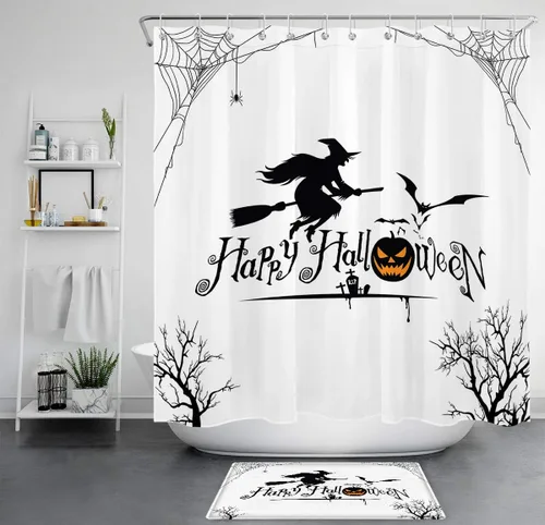 Miniatura 32 de HVEST Cortina de ducha con ganchos, calabaza espeluznante y fantasma con sombrero de bruja negro, juego de cortina de ducha naranja con flores