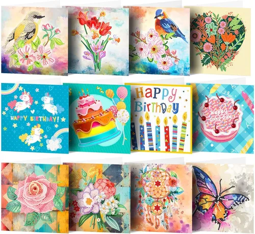 Miniatura 15 de LUSandy Paquete de 12 tarjetas de Navidad con pintura de diamante 5D para adultos, tarjetas de felicitación de arte con diamantes para gatos