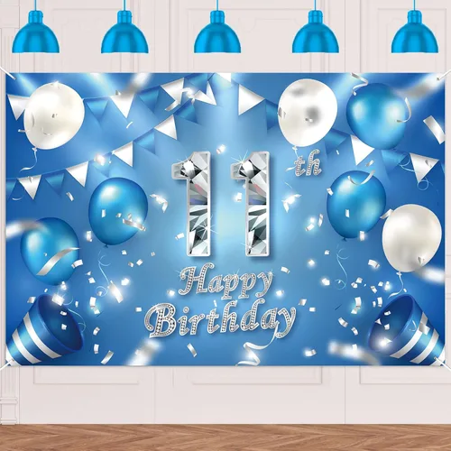 Cartel de feliz cumpleaños número 11, globos de decoración de fondo de confeti de cristal, decoración temática para niños o niñas, vítores a 11