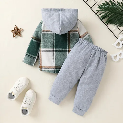 Miniatura 3 de YOUNGER TREE Conjunto de sudadera con capucha para niños pequeños, conjunto de camisa de franela a cuadros para otoño, invierno y primavera