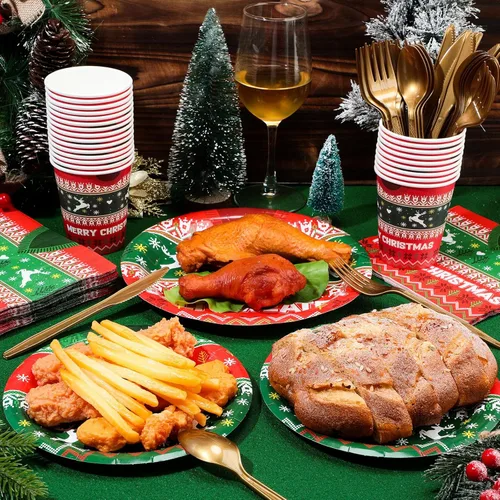 Miniatura 4 de Yaomiao Juego de 180 piezas de suministros de fiesta de suéter feo de Navidad, platos de papel desechables y servilletas, tazas para 30 decoración