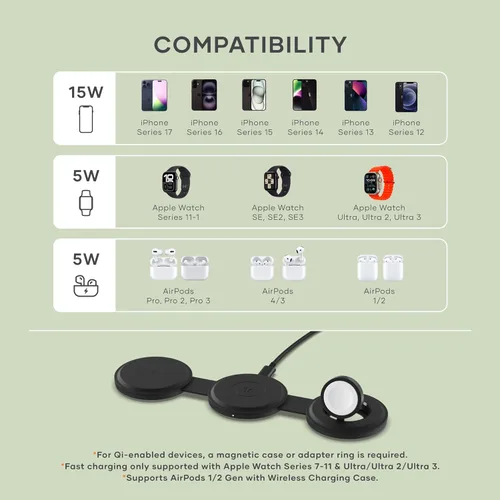 Miniatura 7 de Satechi OntheGo™ Cargador inalámbrico 3 en 1, cargador portátil Qi2 con carga rápida de 15 W para iPhone 17 a 12 Series, 5W para Apple Watch y 5W