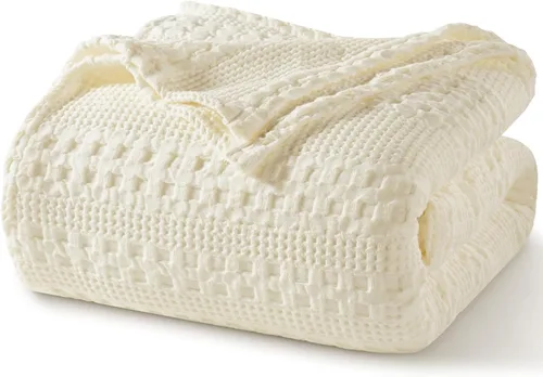 Miniatura 14 de PHF - Manta tejida de punto gofre 100% algodón, suave, ligera, transpirable, acogedora, de verano, para sofá y cama, tejida, estética, decoración