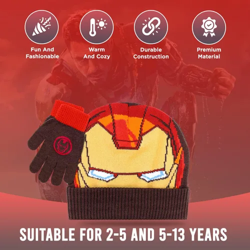 Miniatura 3 de Marvel Avengers - Juego de sombreros de invierno y guantes de nieve para niños y niños pequeños con lindos guantes y gorro suave, pompones esponjosos