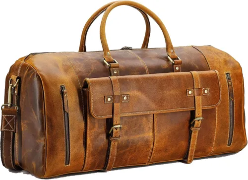 KomalC Bolsas de lona de cuero para hombres y mujeres de grano completo de viaje durante la noche, fin de semana, bolsas de cuero para deportes y