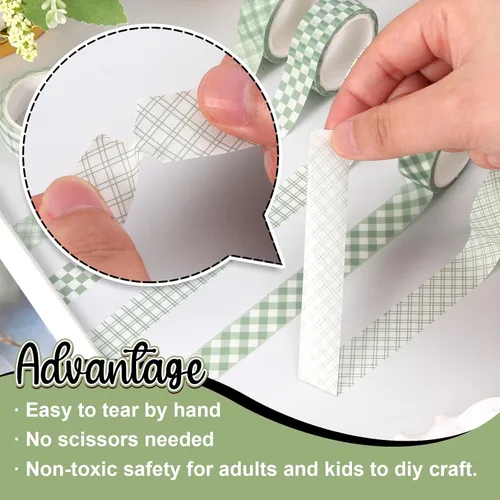 Miniatura 3 de Whaline 12 Rolls Sage Green Plaid Washi Tape Masking Tape Set Pastel Green Gingham Decorative Wrapping Paper Tapes Boxed for Wedding Scrapbook