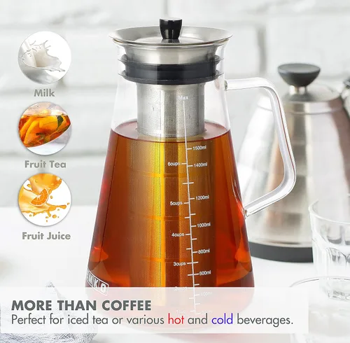 Miniatura 5 de Aquach Cafetera hermética para preparar café frío (té helado) de 51 onzas/1.5 L, sin BPA, jarra de vidrio de borosilicato duradera y filtro de malla