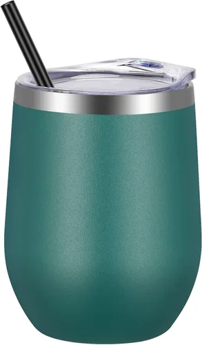 Miniatura 20 de VEGOND - Vaso de vino de acero inoxidable de 12 onzas con tapa y popote, vaso de vidrio de vino aislado de doble pared sin tallo, taza de café