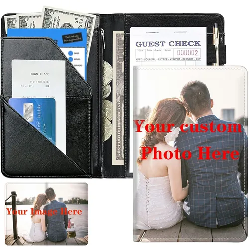 Lindos libros personalizados para camarera, cartera de cuero personalizada con bolsillo con cremallera, añade imagen, foto, logotipo y texto,