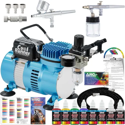 Aerógrafo Master multipropósito, sistema de aerógrafo con 2 pinceles, compresor, 6 colores, y rueda para mezclar