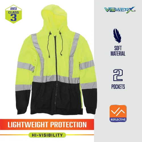 Miniatura 2 de Sudadera con capucha Hi-Vis con cremallera completa – ANSI CL3 – Sudadera reflectante para trabajo, construcción y zonas de alto tráfico, sudadera
