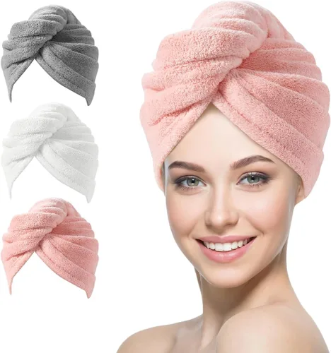 Miniatura 9 de YFONG Paquete de 3 toallas de microfibra para envolver el cabello para mujeres y niñas, toallas turbante súper absorbentes para secar el cabello
