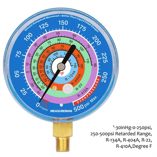 Miniatura 3 de MEASUREMAN Medidor de presión para refrigeración, esfera de 3-1/8", esfera azul, montaje inferior de 1/8" NPT, 30inHg-0-250psi, rango retardado