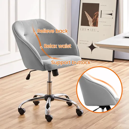 Miniatura 7 de Yaheetech Silla de Escritorio/Tocador de Terciopelo con Ruedas y Respaldo, Pequeña Silla Giratoria Cómoda y Bonita para Computadora con Altura