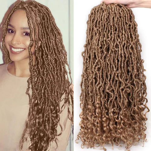 Miniatura 12 de Leeven 7 paquetes de rastas sintéticas con extremos rizados de 18 pulgadas, rastas de diosa preenrolladas para cabello de ganchillo, 84 hebras 1b#