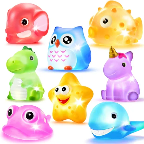 Juguetes de baño, 8 piezas de juguetes de animales de goma flotantes que se iluminan, luz intermitente que cambia de color en el agua, bebés,