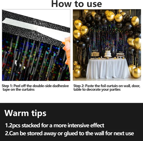 Miniatura 8 de Paquete de 4 cortinas de flecos de papel de aluminio negro, fondo de oropel metálico con purpurina para cumpleaños, bodas, despedidas de soltera
