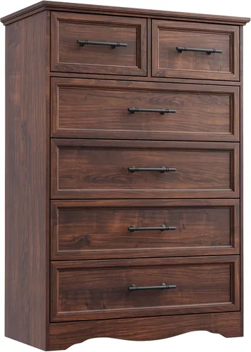 Miniatura 19 de YANSNWO Cómoda de Granja Negra para Dormitorio, Moderna Cómoda de 6 Cajones, Cómoda Alta de 44" con Manijas de Metal Cepillado, Organizadores