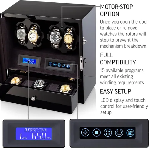 Miniatura 5 de Enrolladora de 4 relojes con 5 espacios de almacenamiento para relojes, pantalla LCD, control táctil y retroiluminación