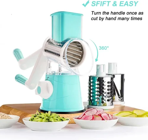 Miniatura 7 de Rallador de queso giratorio manual redondo para verduras, patatas y zanahorias, 3 rallador de queso intercambiable, rebanador de mandolina con base