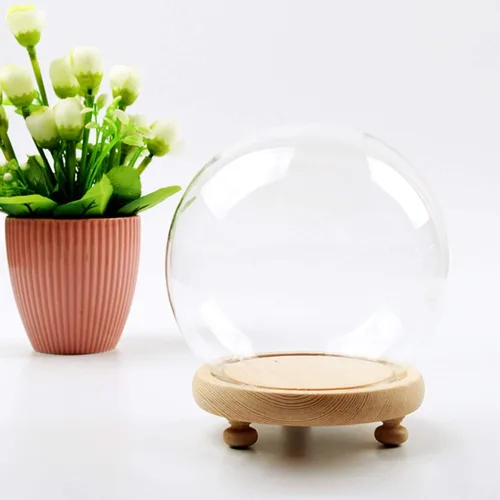 Miniatura 5 de Cúpula redonda de cristal Cloche Ball Jar Exhibición de mesa con base de madera Diámetro 4.7 pulgadas