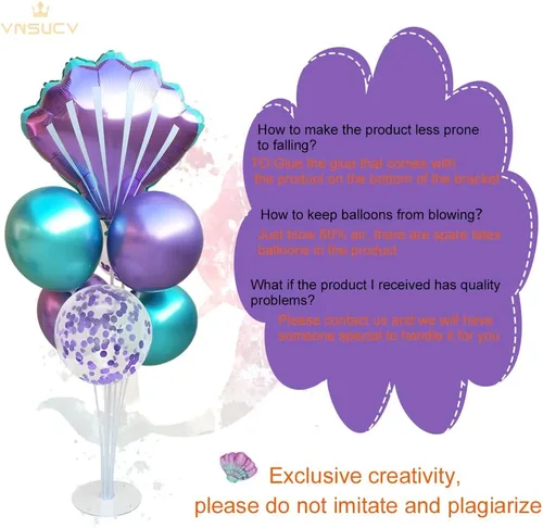 Miniatura 3 de Kit de soporte de globos de mesa de sirena, 2 juegos con 2 globos de aluminio de conchas marinas, 14 globos de látex azul púrpura para cumpleaños