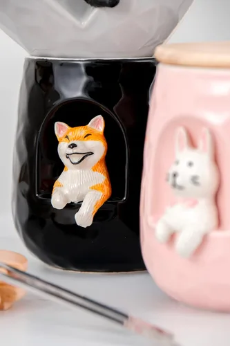 Miniatura 5 de Taza de café de cerámica, diseño novedoso 3D de gato y perro con tapa y cuchara a juego, taza hecha a mano de dibujos animados para té, leche y jugo