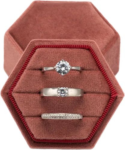 Miniatura 6 de Giftop Caja de terciopelo hexagonal igual para anillos, 3 ranuras para ceremonia de boda, propuesta, compromiso, cumpleaños (rosa polvoriento)