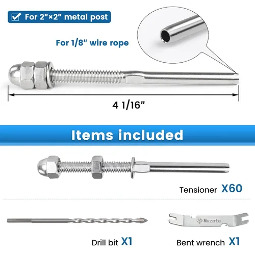 Miniatura 22 de Muzata Paquete de 10 accesorios de barandilla de cable negro de 1/8 pulgadas, tensor roscado a mano para poste de metal de 2 x 2 pulgadas, sistema