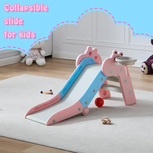 Miniatura 2 de GITAWUSA Tobogán plegable para niños pequeños, juego de toboganes de plástico para interiores con aro de baloncesto y pelota Rosa Azul