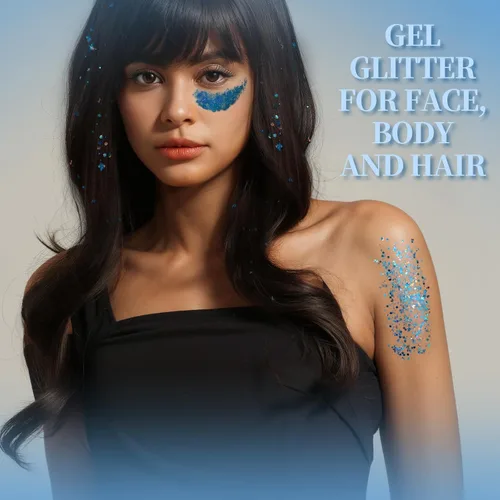 Miniatura 4 de Teenitor Purpurina para Cara y Cuerpo - Azul, Gel de Purpurina para Cabello, 6 Formas Purpurina de Maquillaje Festival para Cara, Cabello y Cuerpo