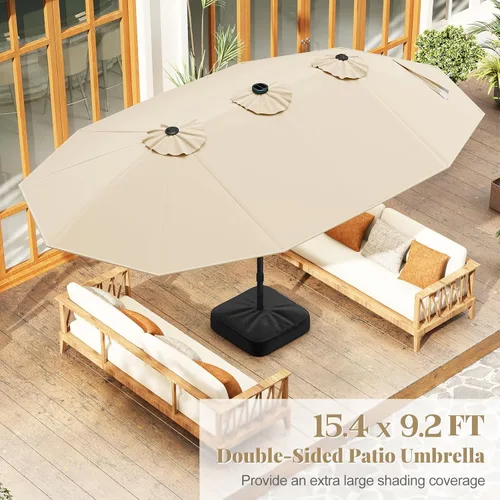 Miniatura 3 de Tangkula Sombrilla solar de doble cara de 15 pies para patio, sombrilla individual extragrande para exteriores con 48 luces LED, parte superior Beige