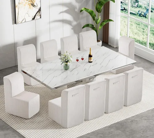 Juego de mesa de comedor de mármol sintético blanco para 10, juego de mesa de comedor extensible de 11 piezas de 63 a 94 pulgadas con 10 sillas,