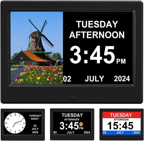 Reloj despertador sin adaptador de corriente con día y fecha para ancianos, marco de fotos digital de 7 pulgadas, pantalla regulable