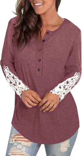 Miniatura 2 de WIHOLL Camisetas Henley de manga larga con cuello redondo y botones de encaje para mujer