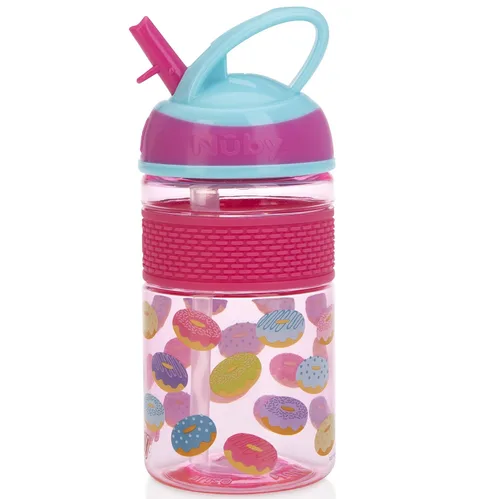Miniatura 2 de Nuby Thirsty Kids Flip-it Freestyle On the Go Botella de agua con popote duro resistente a las mordeduras y banda de fácil agarre, rosquillas rosas