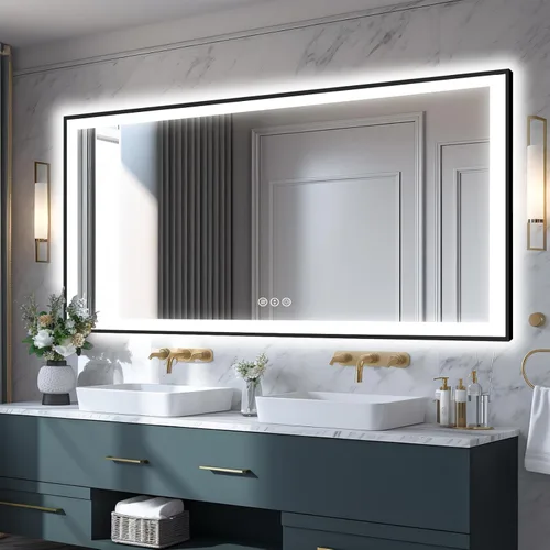 Miniatura 65 de EchosLife Espejos de baño LED de 20 x 28 pulgadas para pared, marco de aluminio negro (frontal y retroiluminado), espejo de tocador antivaho