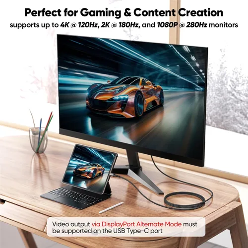 Miniatura 4 de Cable USB C a DisplayPort 1.4 de 6.6 pies, Thunderbolt 3/4/5 a puerto de pantalla DP 8K @60Hz 4K @120Hz 2K a 180Hz 1080P @360Hz Cable unidireccional