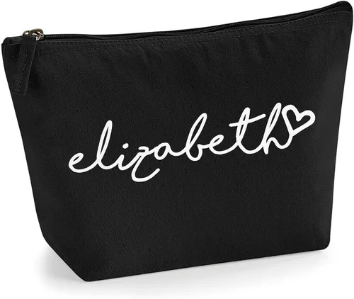 Miniatura 14 de Bolsa de accesorios de maquillaje con iniciales de nombre escritas a mano personalizadas en color negro con purpurina o textura de flocado