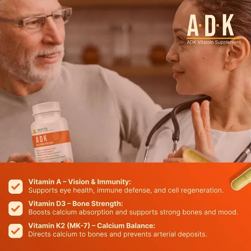 Miniatura 4 de INVITA, Suplemento vitamínico ADK – 90 cápsulas – Alta potencia de vitamina A, D3 5000 UI y K2-MK7 – Médico formulado para apoyo óseo, corazón e